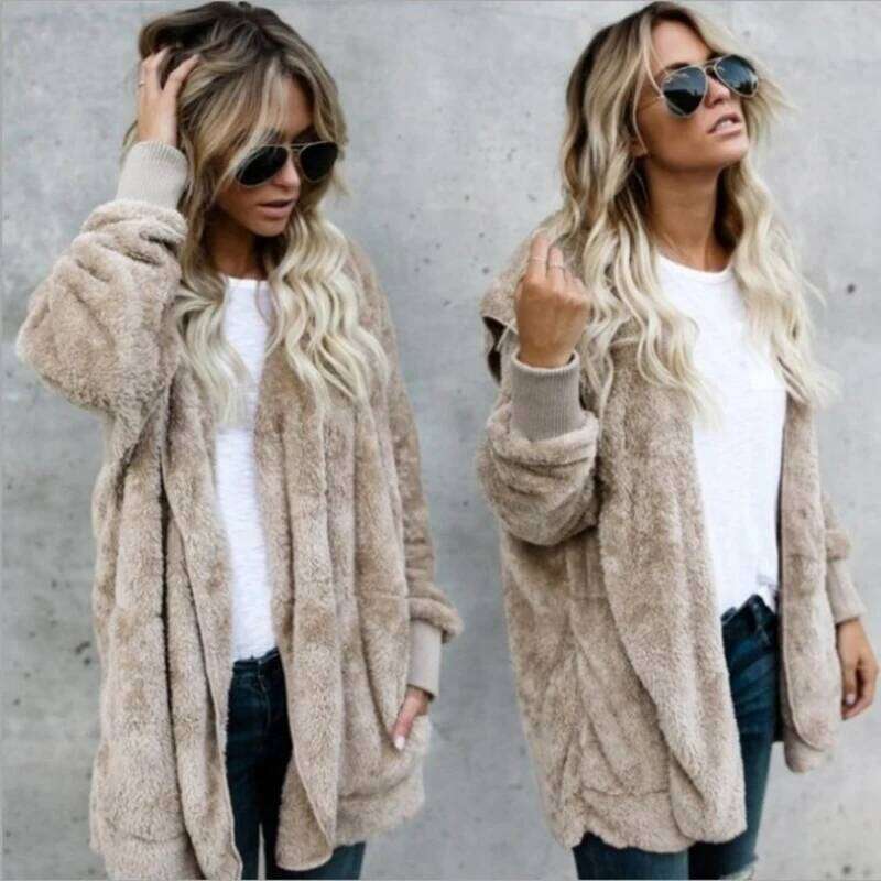 Autumn Winter Double Fleece Cardigan Women Solid Color Long Sleeve Plush Warm Hooded Lady Jacket Oversized Outerwear Coat