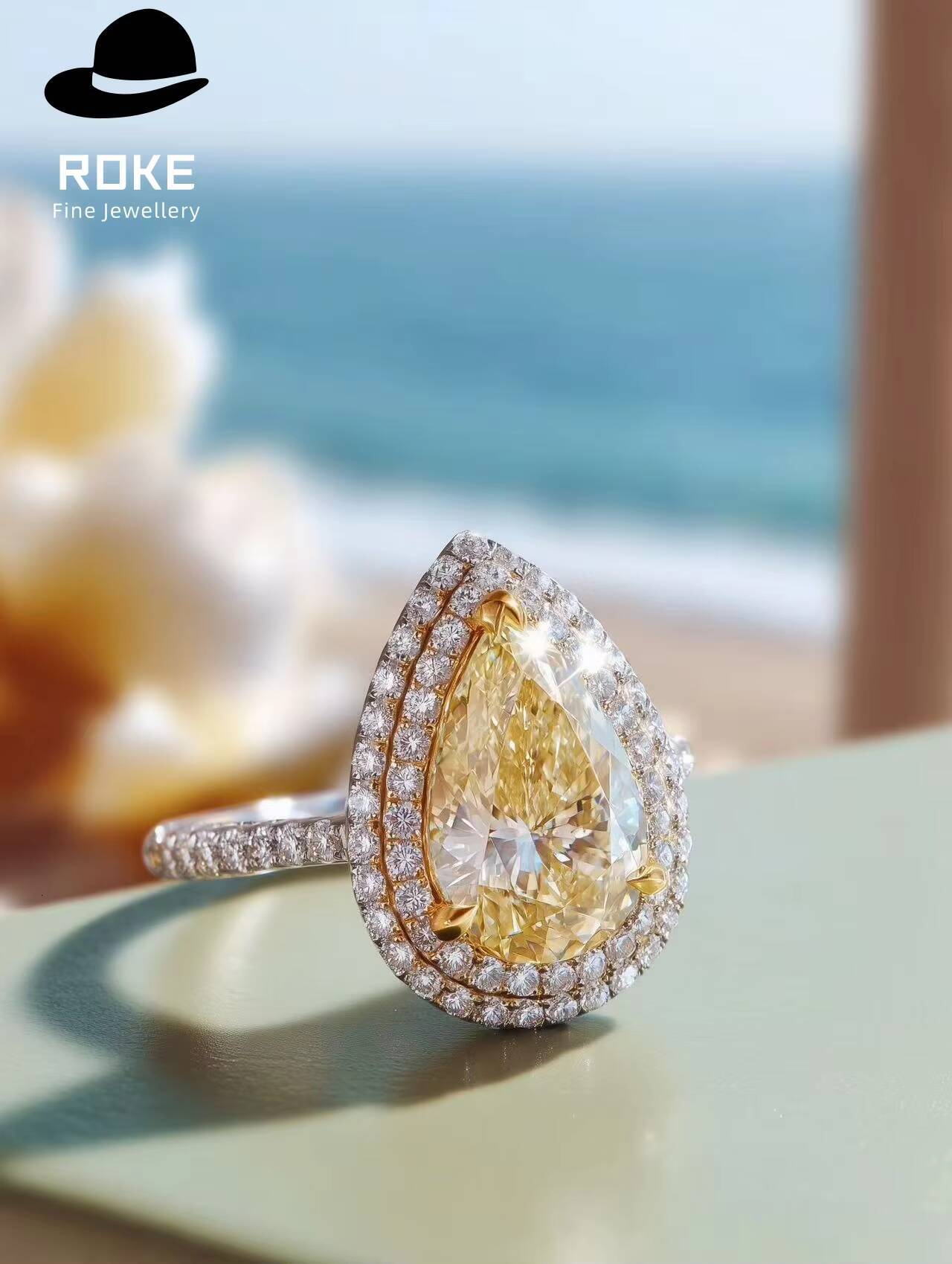 15ct Pear Yellow Lab Diamond Ring 9K/14K Gold - IGI/GIA Certified Cluster Engagement Ring