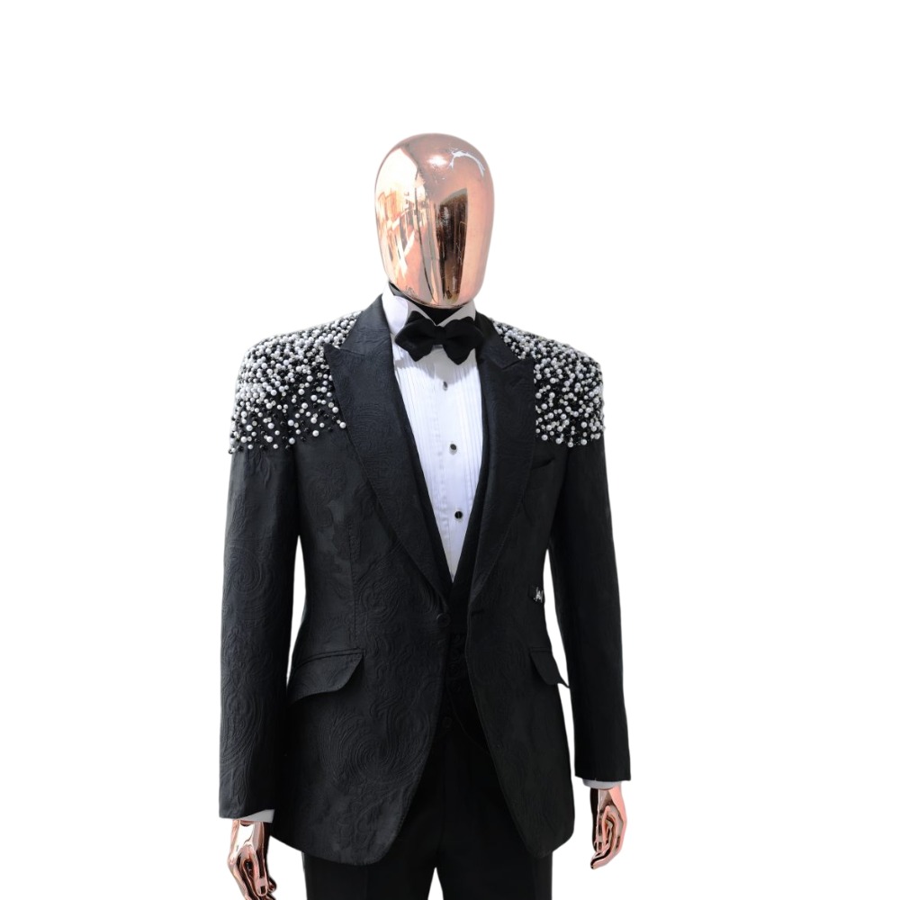 Elegant Men Suits Pearls Beading Peaked Lapel Jacquard Blazer 2 Pieces Tailor-Made Jacket Rhinestone One Button Groom Customized Coat Pants Plus Size