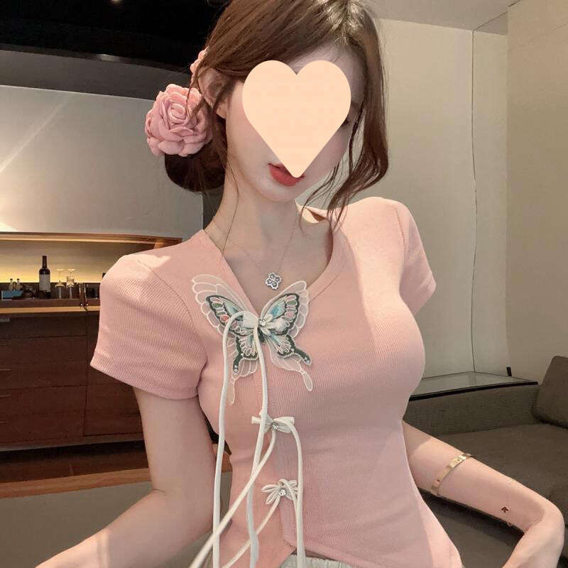 New Chinese Style Short Sleeve Tshirt Irregular Frog Button Short Top Chinese Style Butterfly Tassel Buckle Women Skew Collar Slim-fit Tee Tops
