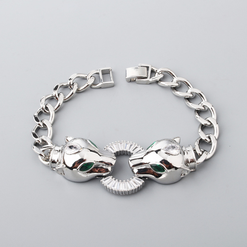 Bracelet Minimalist Hip-Hop Copper Micro-Inlaid Zircon And Bracelet, Electroplated Exaggerated Punk Style Double Leopard Head Pendant Necklace