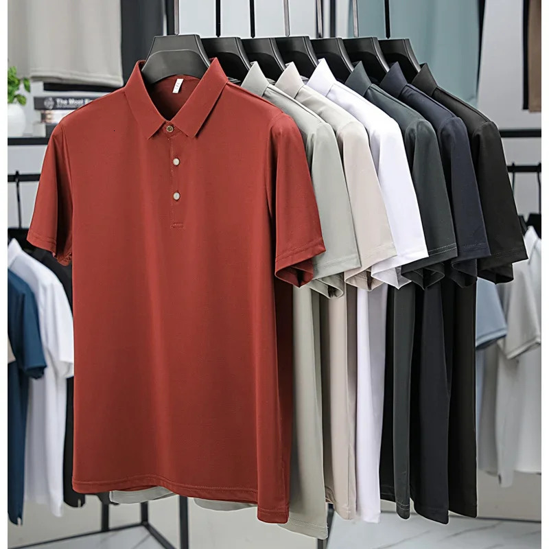 BROWON Summer Man Polo Shirt Office Short Sleeve Solid Color Ice Silk Soft Work Plain Tops Mens Polo T Shirt 4XL 260304