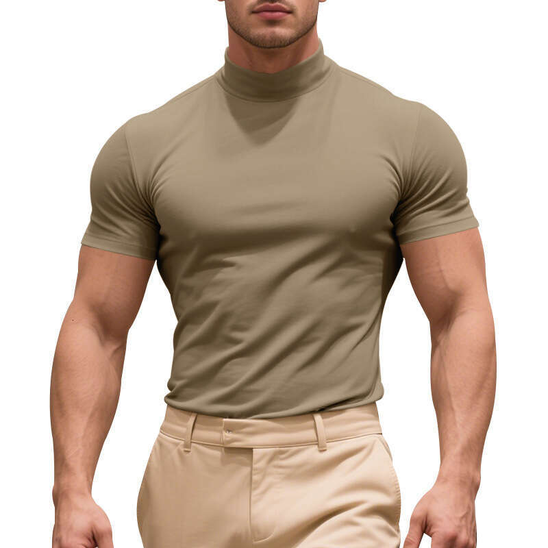 25 Cross-border European American men's summer stretch slim-fit British gentleman casual base shirt with a small high collar and short sleeves