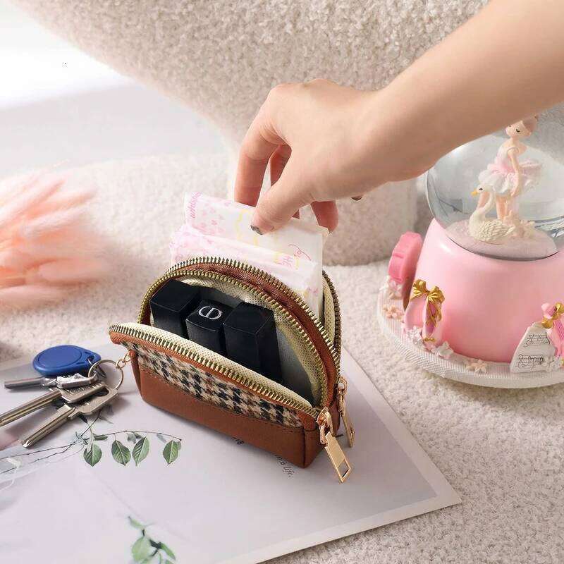 Fashionable semi-circular checkered texture double zipper mini bag Can hold earphones, keys and a large-capacity coin purse C260304