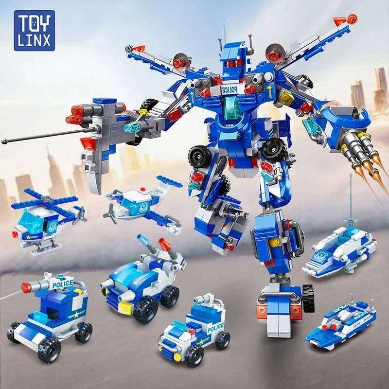 TOYLINX 679PCS Police Building Blocks 8-in-3 Transformable Toy 51 Shape Changes Robot Vehicle Aircraft Kids Construction Bricks Z260305