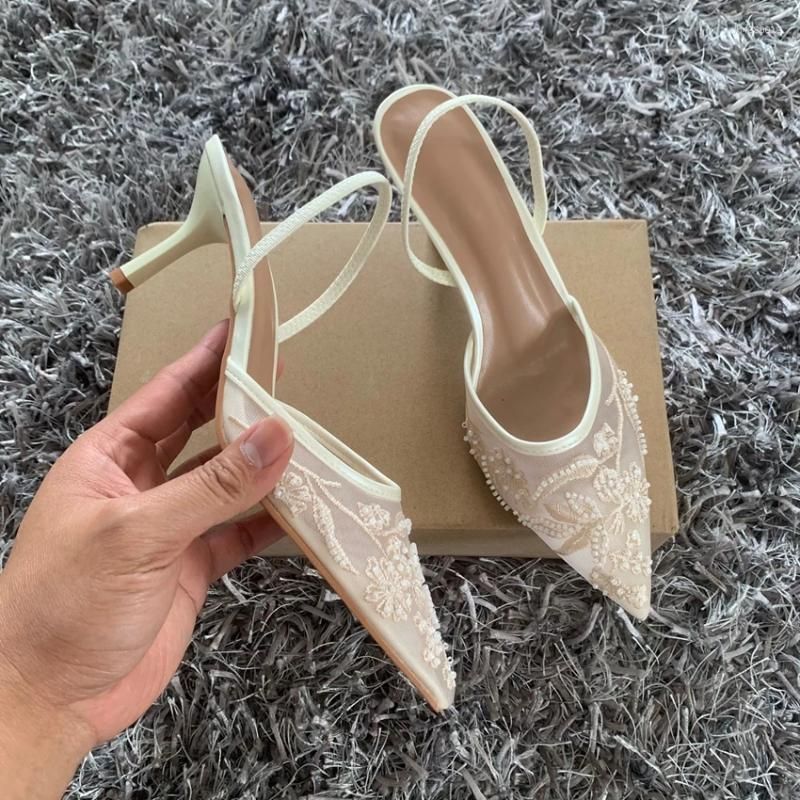 Dress Shoes Brand Designer White Women Wedding Pumps Mesh Embroidered Flowers Back Strap Sexy High Heels Ladies