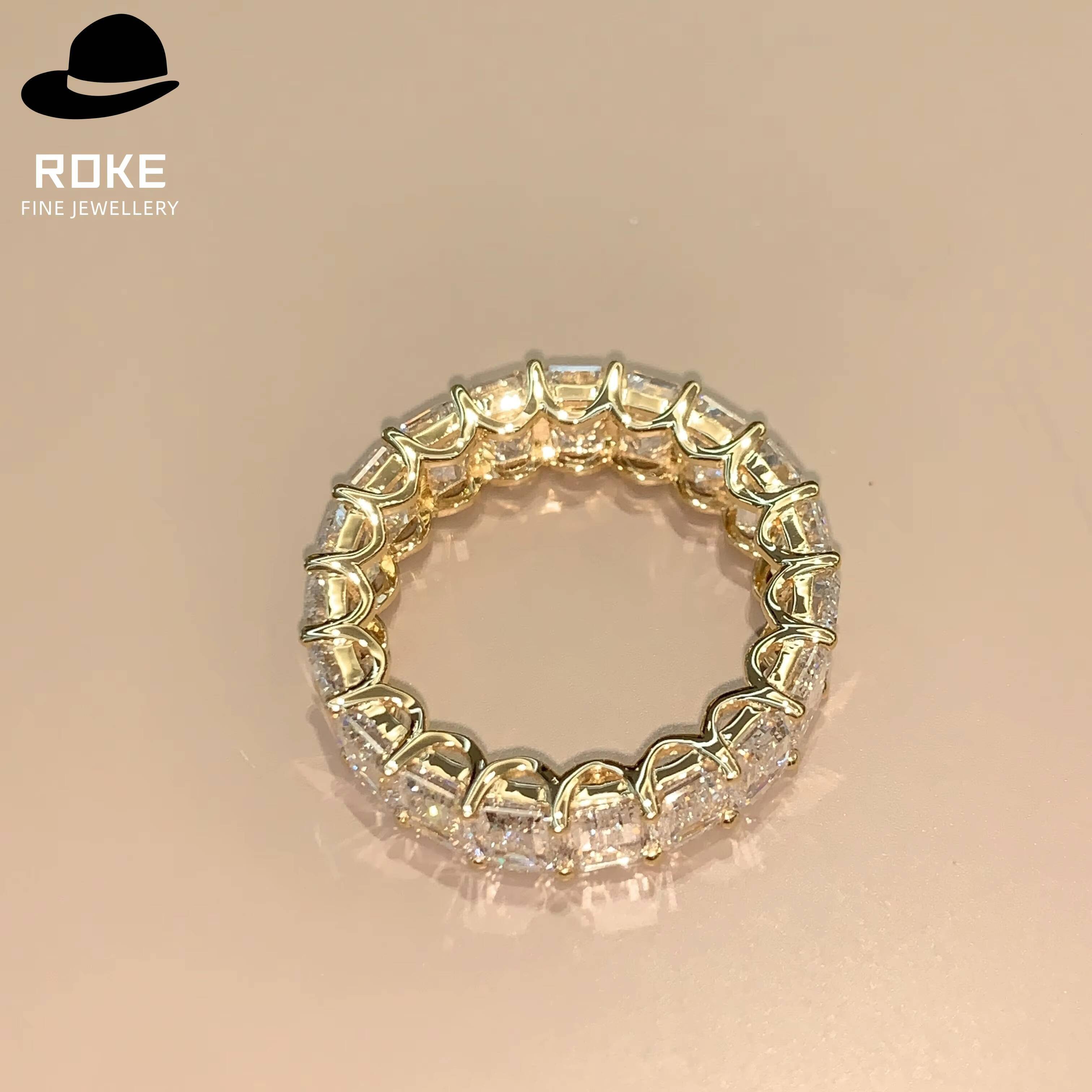 Custom-made 9K-18K Gold Lab Diamond Emerald Cut Ring Gold-toned Bar Setting Band for Womens Wedding Engagement Anniversary Gift