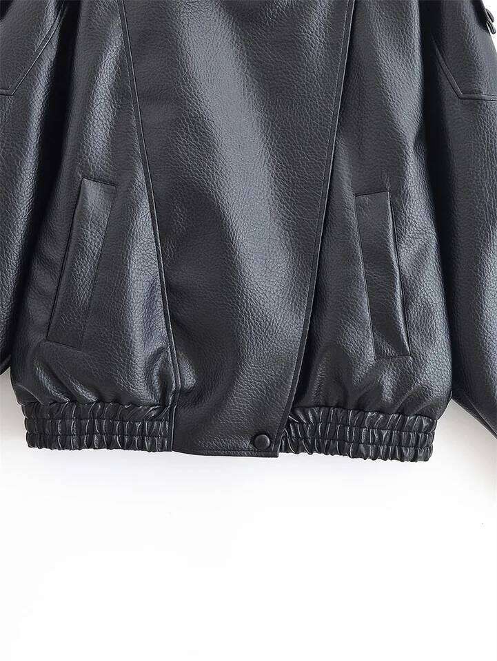 Women's Fall 2025 New Black Long Sleeve Pebble Faux Leather Jacket Motorcycle Style Personality Fashion