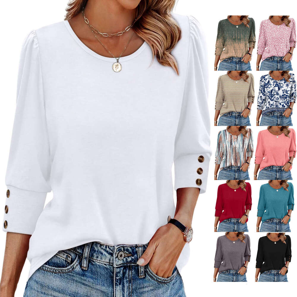 Autumn Amazon European and American Cross-Border Trade Printed Three-Quarter Sleeve Buttoned Round Neck T-Shirt