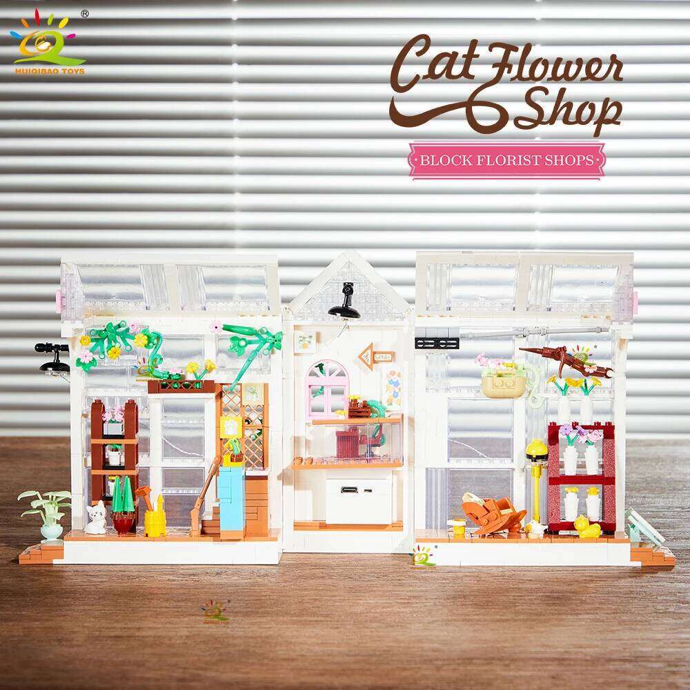 HUIQIBAO MOC Cat Cafe Bookends model Micro Building Block Bookstore Flower Shop Mini Brick Toy for Children Desk Decor. Z260306