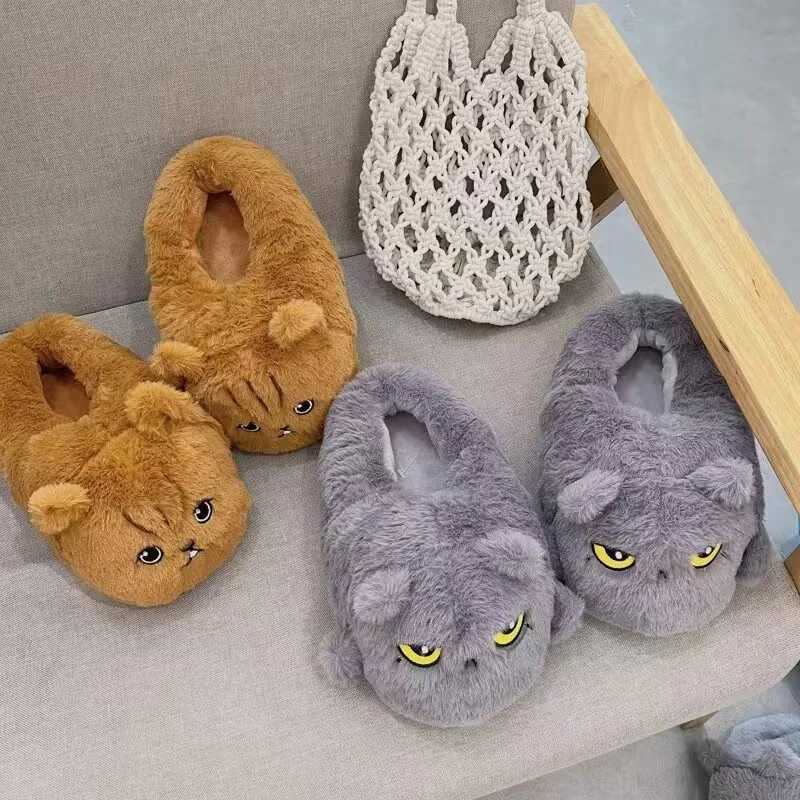 Cute brown and gray cats work from home slippers for girls animal confinement shoes fashionable home plush cat slippers S260305