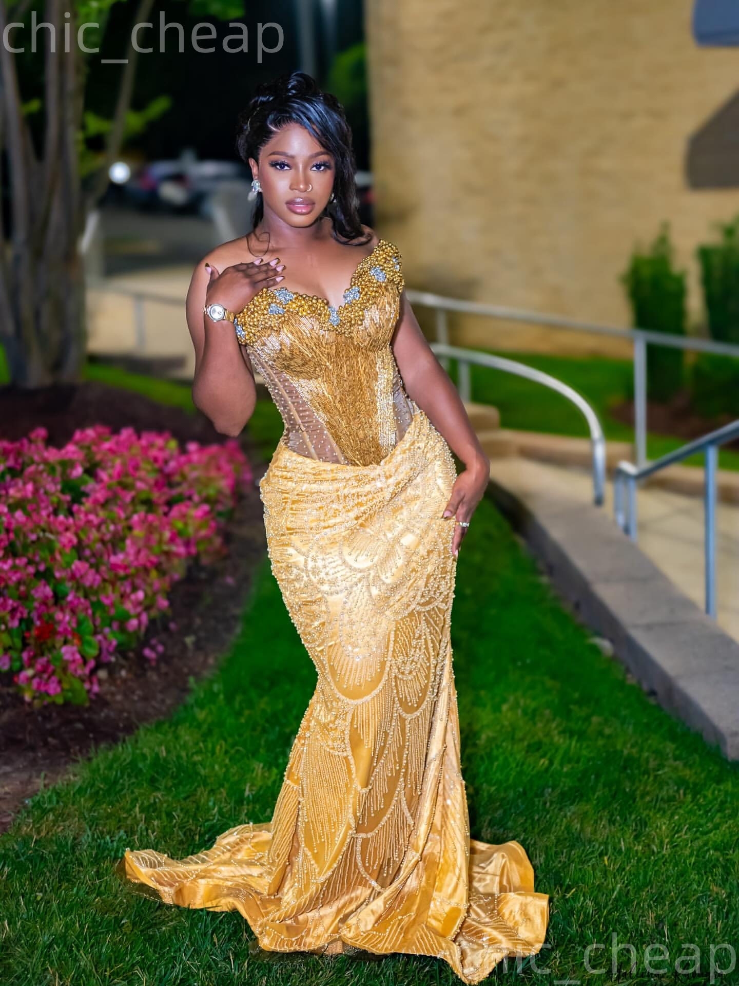 Aso Ebi Gold Prom Dress 2026 Mermaid Prom Dress Pearls Beaded Detachable Train Evening Dresses For Black Women Birthday Party Formal Receiption Gowns 