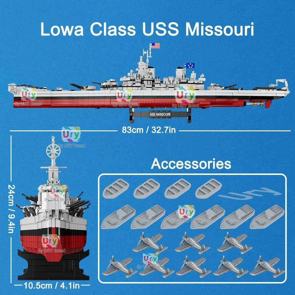 2228pcs Military WW2 Lowa Class USS Missouri Battleship Large Boat Cruiser Model Weapon Building Blocks Warship Toy for Kid Gift Z260306