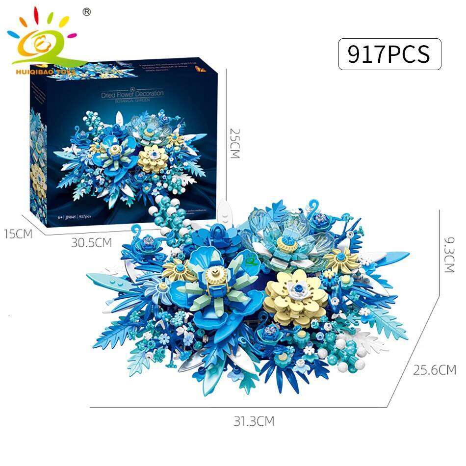 HUIQIBAO 917PCS MOC Blue Flower Model Building Blocks 3D flores Bouquet Potted Plants Bricks Kits Children DIY Toy Home Decor Z260306