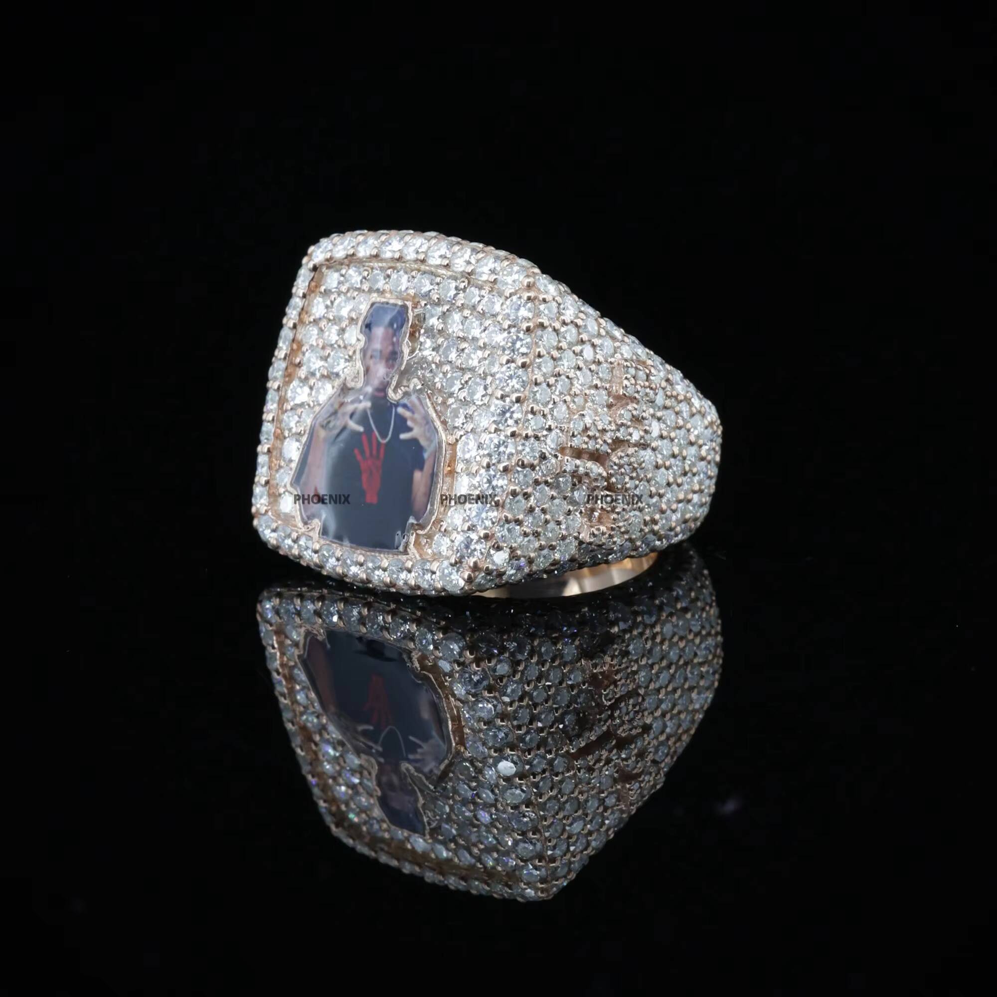 Customize Photo Iced Out Round Brilliant Cut VVS Bling Moissanite Rapper Hip Hop Custom HandMade Statement Ring Jewelry for Gift