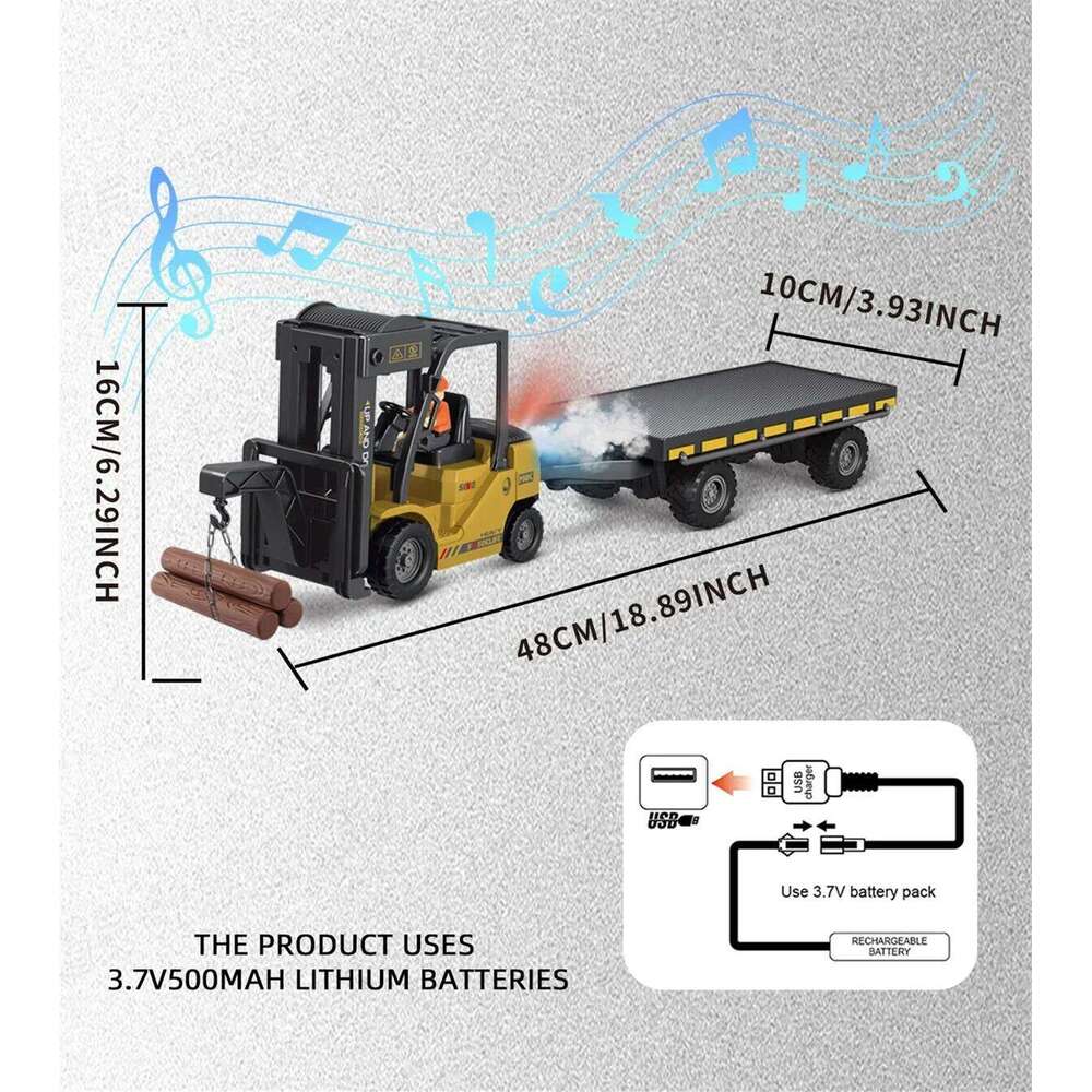 11Ch Rc Car Spray Remote Control Forklift with Light Music 1/24 Heavy Industry Trailer Simulated Model Toys Children Kids Gift C260305