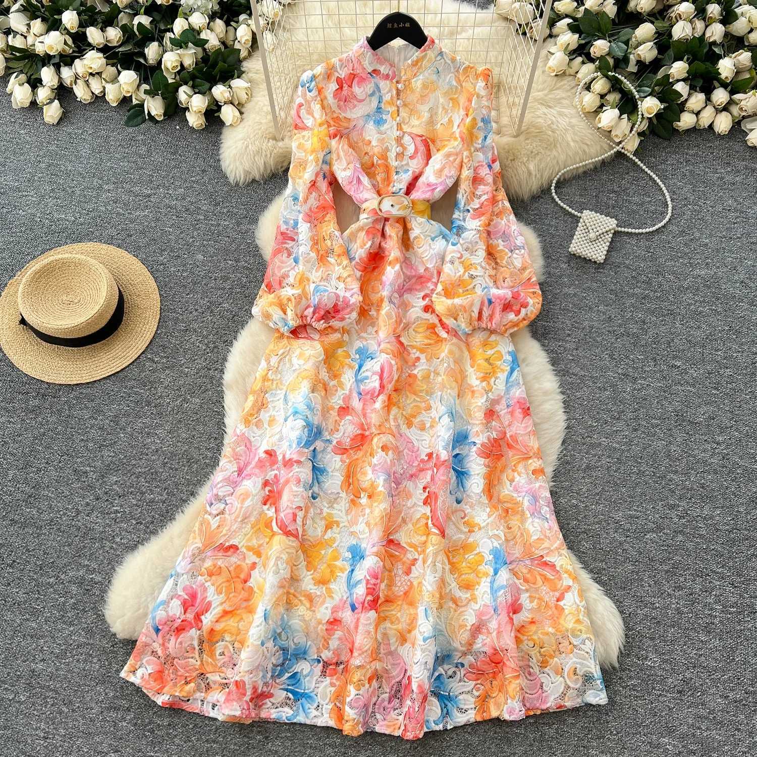 Vintage Elegant Hook flower hollow puff sleeve O Neck sashes Single Breasted Dress Casual Fashion Summer women clothing X260306