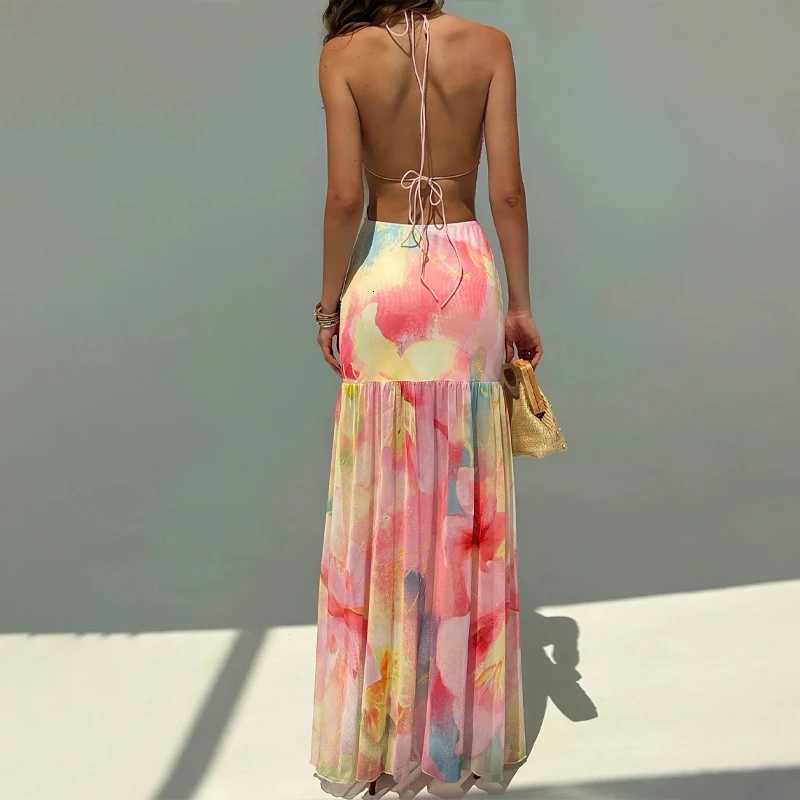Spring Summer Womens Tie Dye Print Halter Neck Backless Maxi Dress Slim Fit Sleeveless Long Dress For Beach Holiday Party Dress X260306