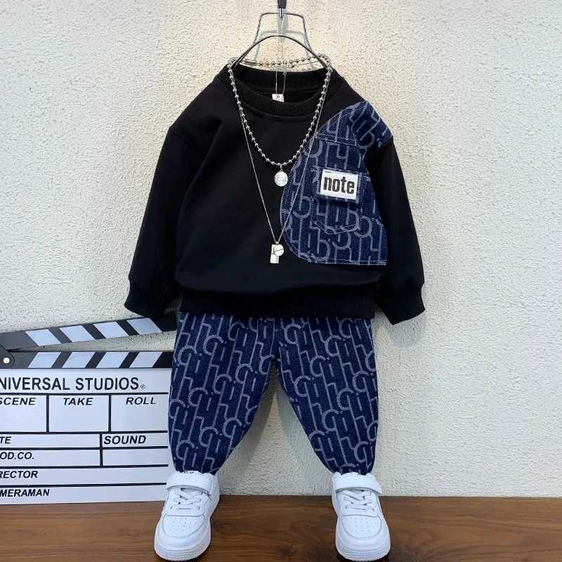 Kids Tracksuits 2Pcs, Boys Denim Patchwork Note Pocket Sweater & Pants Set, Spring Autumn Casual OutfitsT260306
