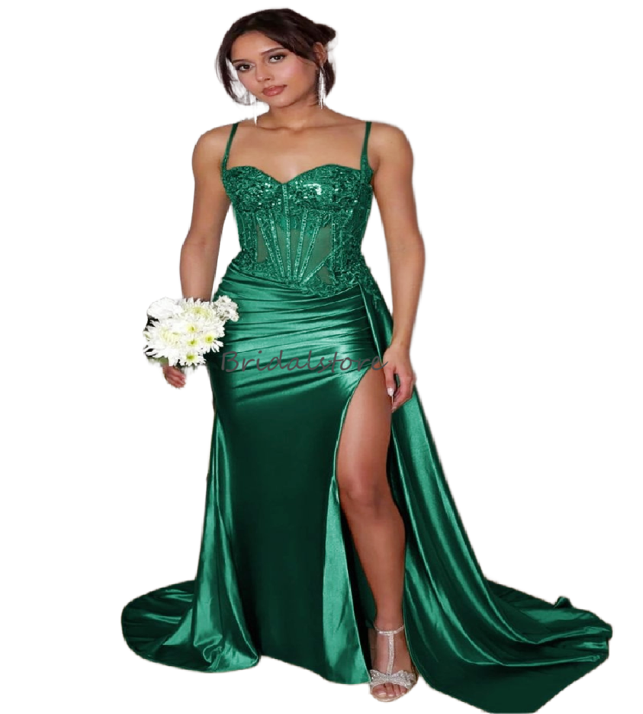 Ethereal Green Satin Prom Dresses With High Slit Plus Size Spaghetti Straps Lace Evening Gowns 2026 Outdoor Garden Formal Party Vestio De Gala Elegant