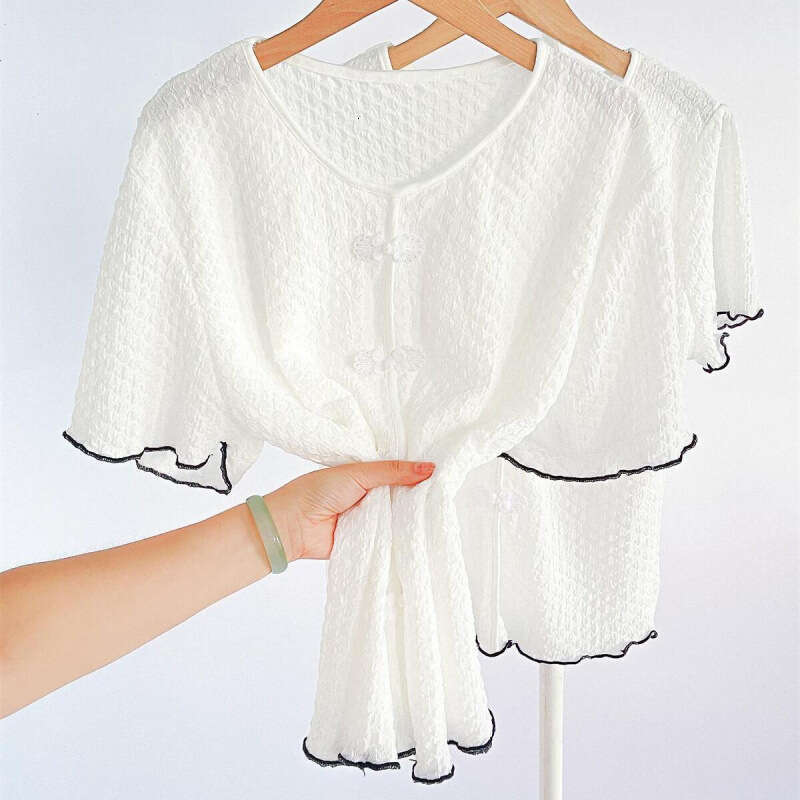Chinese Sle ort Sve Silk Chiffon irt Women's Faionable Slim Fit Summer Top V-Ne Straight Cut Polyester Fiber