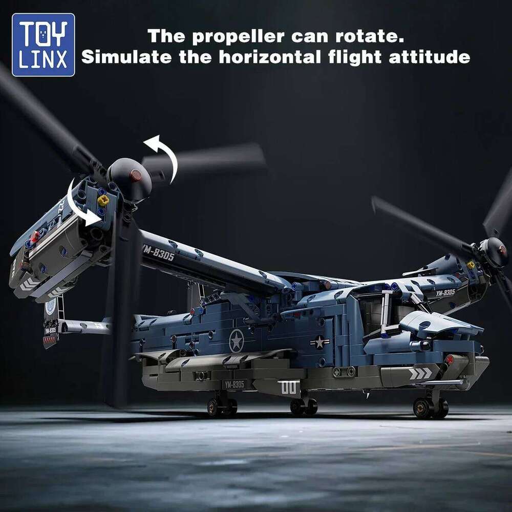 TOYLINX 1486pcs Tiltrotor Aircraft Building Blocks 360 Propeller Military Helicopter Block DIY Airplane Assembly Toy Z260305