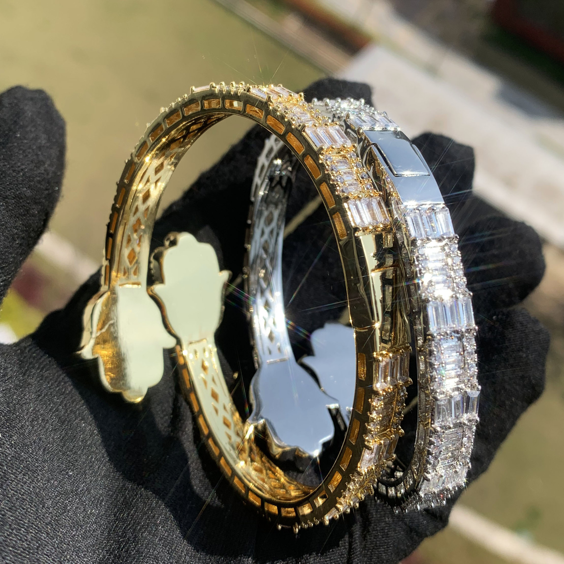 New Iced Out Bling Micro Pave 5A CZ Zircon Baguette Diamond Hamsa Hand Openning Bangle for Men Women Hip Hop Luxury Jewelry