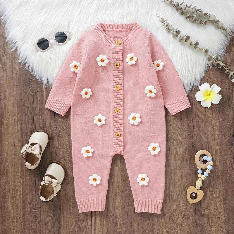 Citgeett Spring Infant Baby Girls Knit Romper Long Sleeve Button Flower Fall Jumpsuit Sweater Pink Clothes Z260306