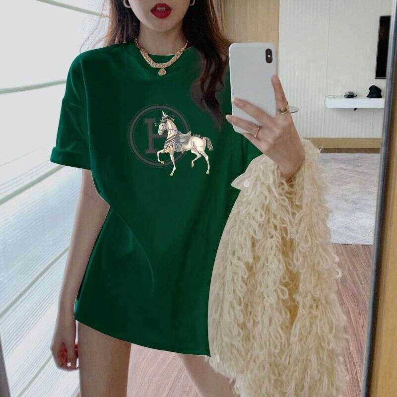 Pink Women's Loose T-Shirt, 2023 New Summer Model, Pure Cotton, Long European-Style Short-Sleeve T-Shirt For Women, Mid-Length Asia Size