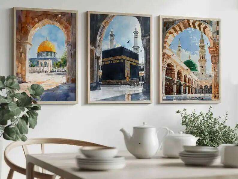 1/3pcs Islamic Mosque Architecture Watercolor Painting Canvas Print Muslim Arabic Calligraphy Wall Art Poster Modern Home Decor 26Y0306