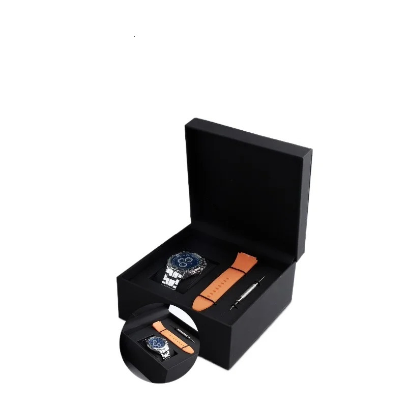 Black Watch Case Box with Strap and Adjuster Tool Slot PU Leather Flip Black Watch Jewelry Packaging Box Free Customization 260304