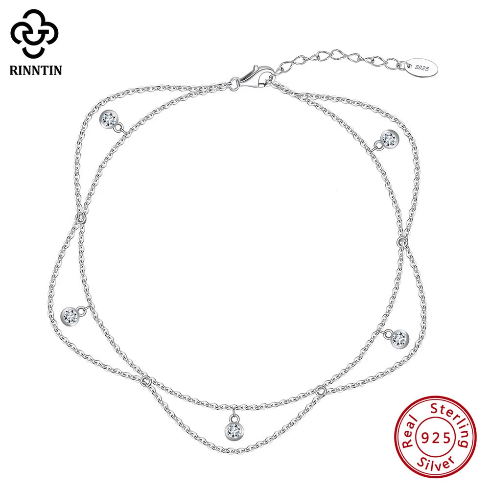 Rinntin 925 Sterling Silver Dangle Shiny CZ Anklet for Women Summer Foot Chain Bracelet Fashion Ankle Straps Jewelry SA72 260304