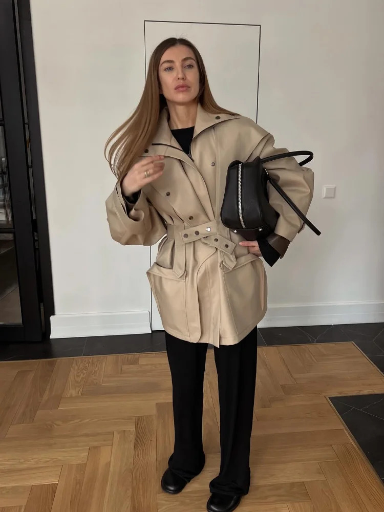 Women Buttons Waist Cinching Windbreaker Solid High Neck Long Sleeve Singlebreasted Trench Coat Lady Autumn Street Outerwear 260228