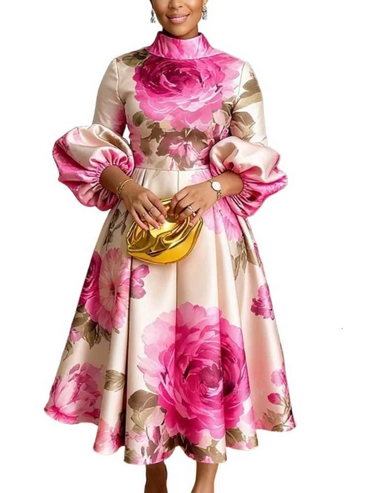 Stylish Womens Flower Printed Stand Collar Elegant Evening Maxi Dresses 2026 New Puff Sleeves Loose Pleated Party A-Line Dress X260306