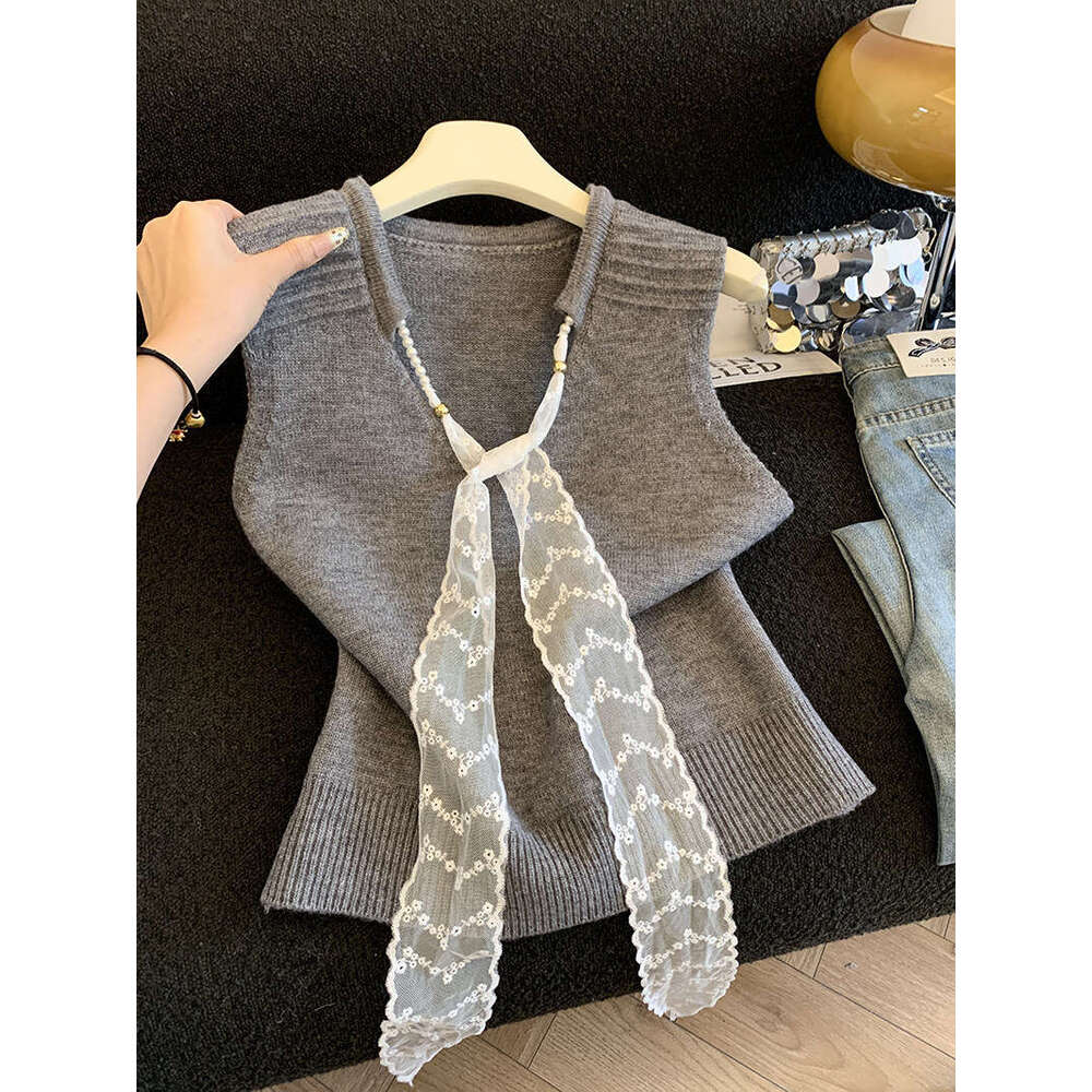 French-style lace ribbon V-neck knitted for women 2026 sleeveless vest Designer fashionable and versatile top A10499