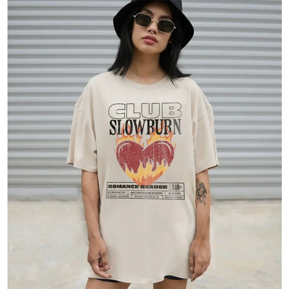 Slow Burn Book Club Shirt Bookish Shirt Romance Women Cotton Casual Loose Short Sleeve T Shirt Vintage O Neck Top Tee Clothes 260304