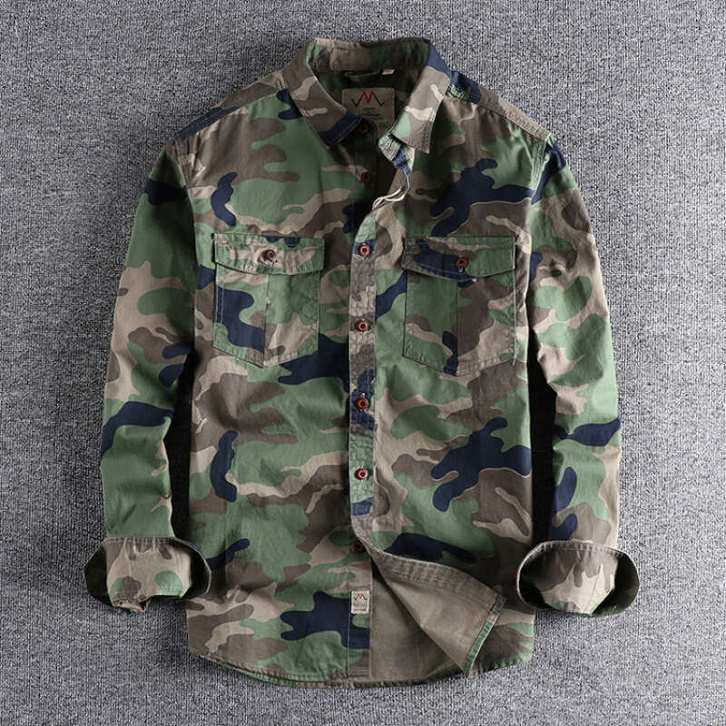 Khaki Foreign Trade Washed Camouflage American Workwear Long Sleeve Shirt for Men with Double Pockets Versatile Casual Military Youth Top