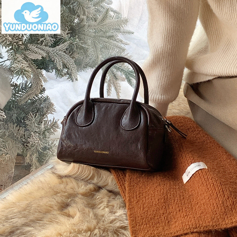 YUNDUONIAO new plant tanned leather bowling bag Boston bag genuine leather small bag retro style handbag and crossbody bag