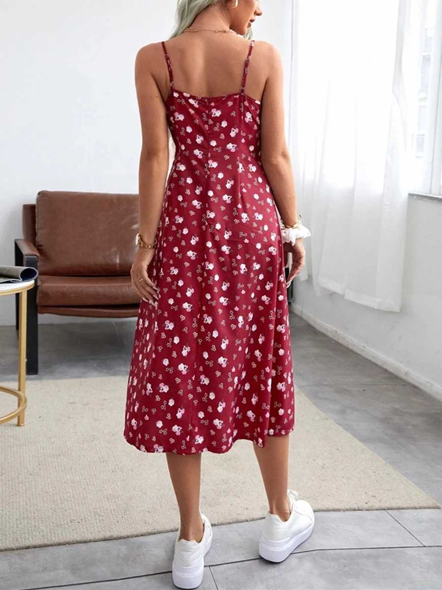 Floral Summer Dress Women Flower Print Spaghetti Strap Sleeveless High Slit Dress X260306