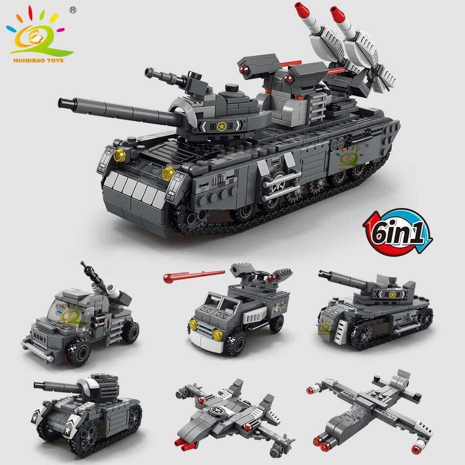 HUIQIBAO WW2 Military Tank 648pcs 6in1 Building Blocks Set Truck Plane Army Bricks City Construction Toy For Children Kids Game Z260306