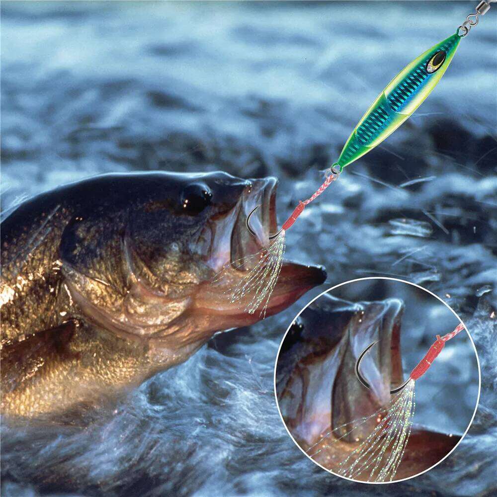 50Pcs assist hooks for slow jigging Metal Jig Barbed Hook Tying Up Fishhook With Teaser Feather Saltwater fishing hook set S260305