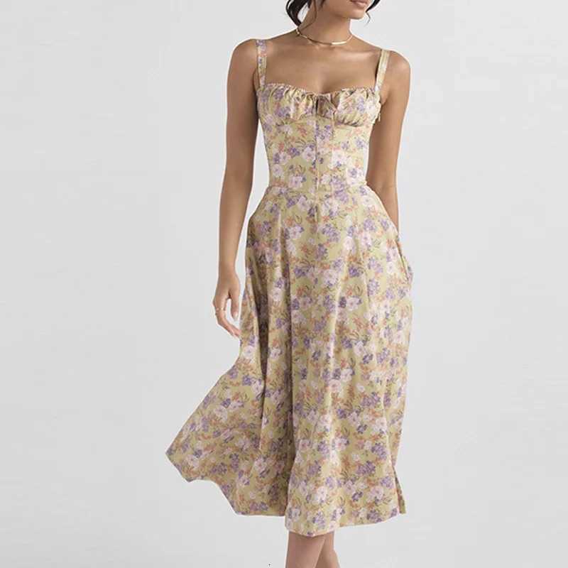 Womens Long Dresses Spring Summer 2025 Elegant Sexy Square Neck Lace Up Floral Dress Robe Longue Femme Vestidos Dama Y2k X260306