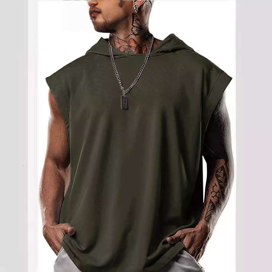 2026 New European and American Amazon Pullover Sports Casual T-Shirt Trendy Sleeveless Hooded Loose Men's