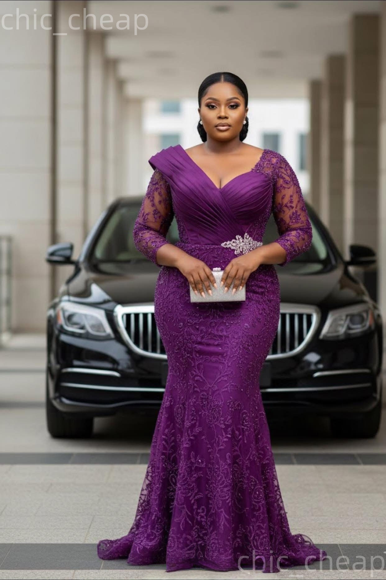 2026 plus size purple mermaid mother of bride dresses vneck lace full sleeves evening party mamas dress vintage 50s birthday wedding guest groom mothe