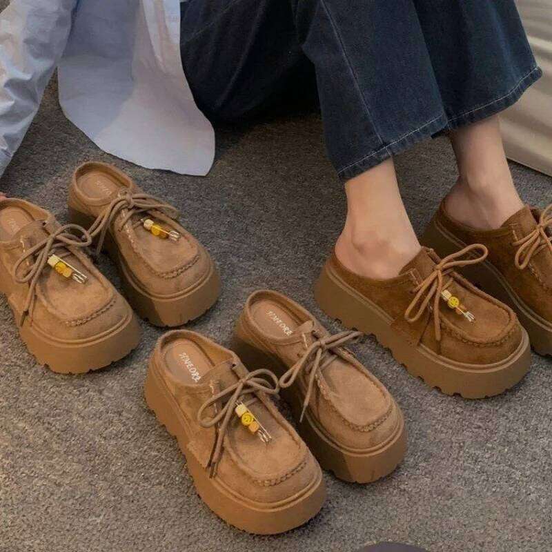 2025 Women's Suede Platform Mules - Cute Smiley Pin Decor Lace-up Loafers Thick Sole Fashion Casual Slip-on Shoes