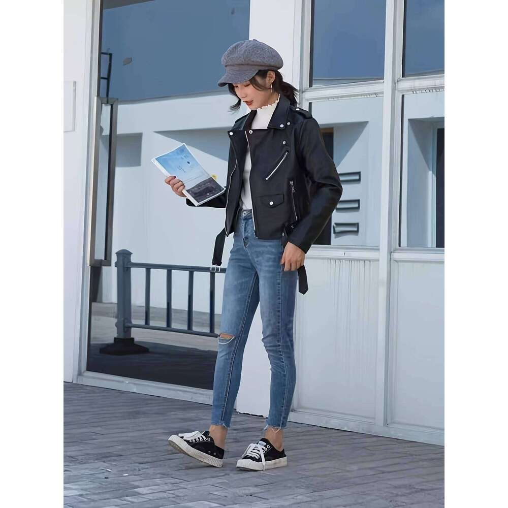 Spring and Autumn Women's Short American Retro Pu Motorcycle Leather Slim Jacket
