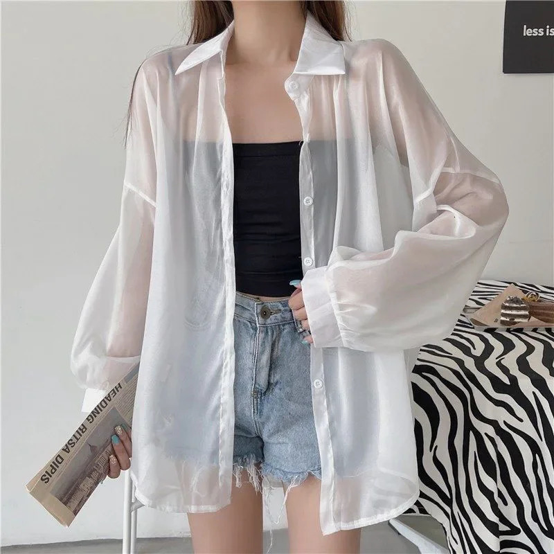 Xpqbb Womens White Chiffon Shirt Sheer Thin Long Sleeve Sun Protection Blouse Woman Casual Loose Simple Single-breasted Shirts 260306