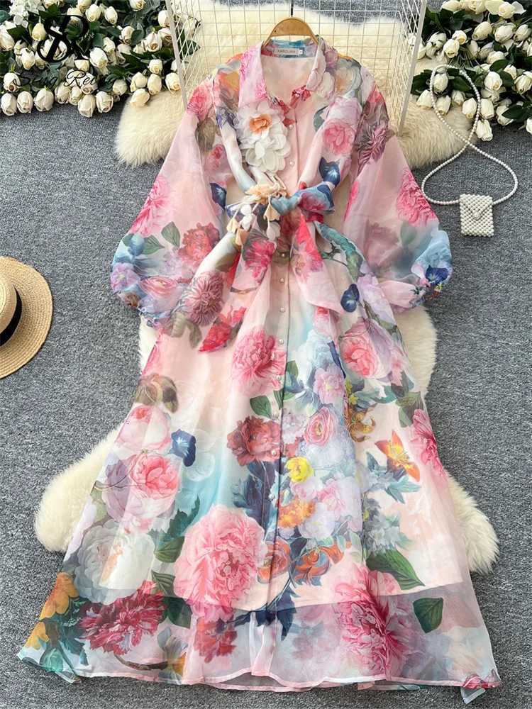 SINGREINY High Quality 3D Floral Dress Female Single Breasted Puff Sleeves Chic French Vintage Senior Organza Print Long Dress X260306