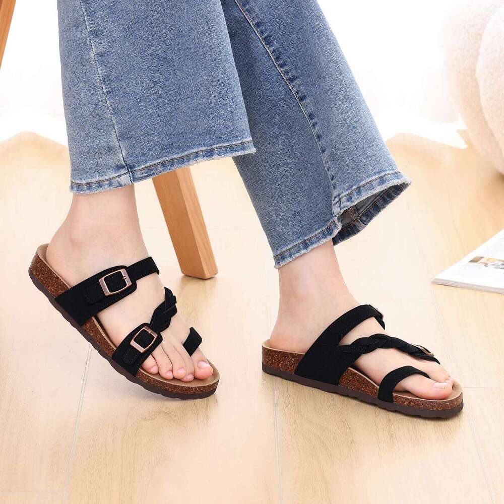 Litfun Summer New Women's Cork Slippers Leisure Comfortable Outdoor Beach Slides Non-slip Women Sandals With Adjustable Buckle