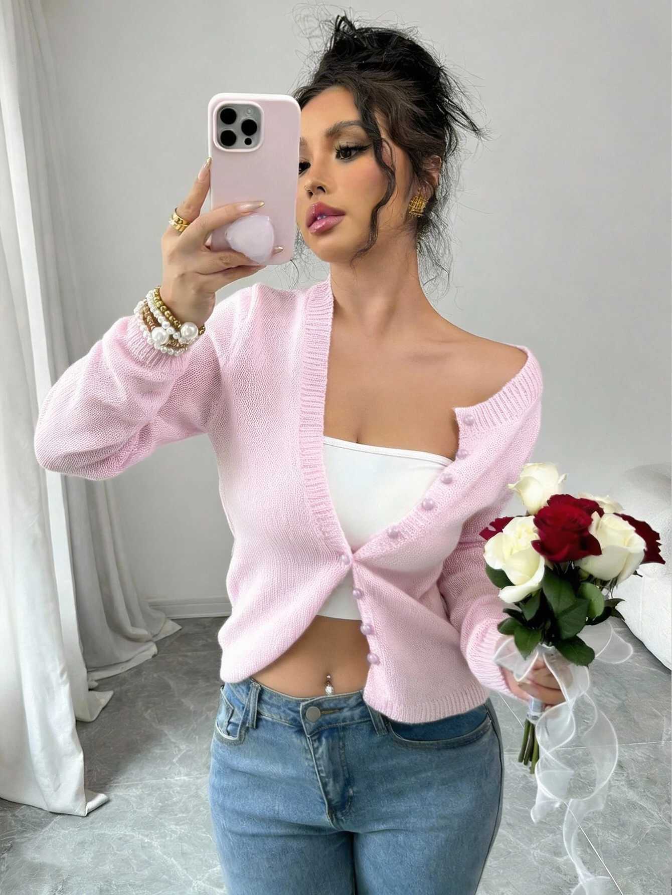 New Autumn/Spring/Summer Womens Cardigan Sweater Pink Fitted Round Neck Knit Cardigan Casual and Elegant Versatile for Everyday Wear M260306